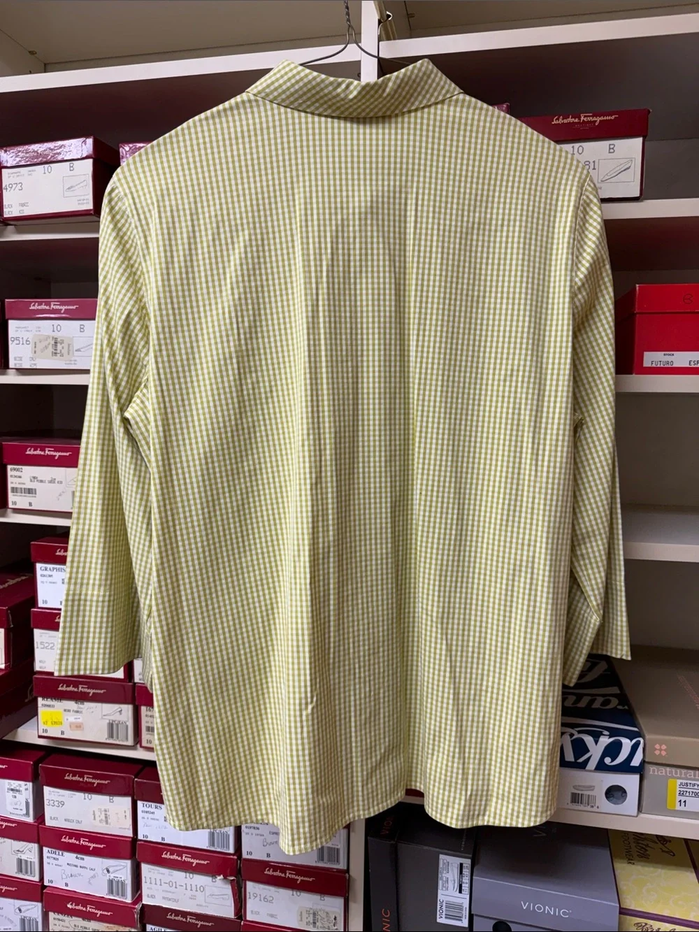 Lafayette 148 New York Chartreuse Gingham Button-Down Shirt - Picture 5 of 5
